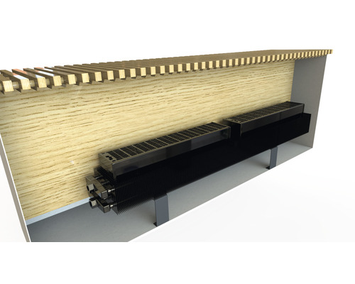 Kameraanzicht van een radiator onder een houten bank