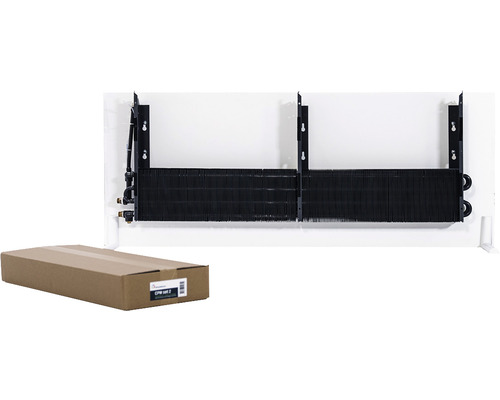 Close-up van een zwarte radiator voor wandmontage met bijbehorende verpakking.