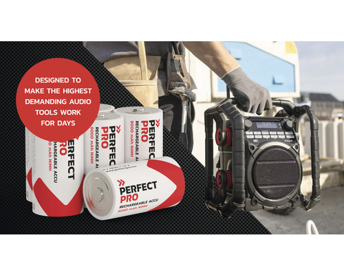 Bouwradio met batterijen en bouwvakker