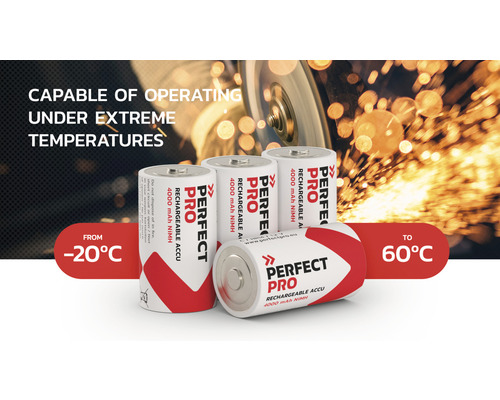 Perfect Pro batterijen met een bedrijfstemperatuurbereik van min 20 graden Celsius tot 60 graden Celsius
