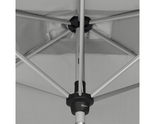 Onderzijde van een geopende parasol met frame