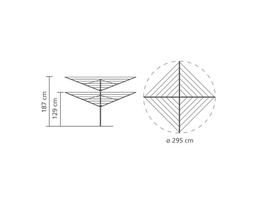 Technische tekening van een waslijn met afmetingen van 187 centimeter hoogte, 129 centimeter lengte en 295 centimeter doorsnede