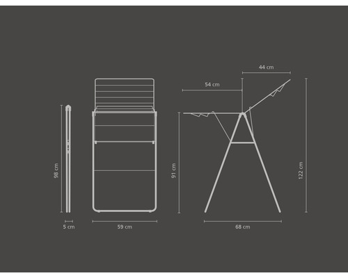 Technische tekening van een wasrek met afmetingen