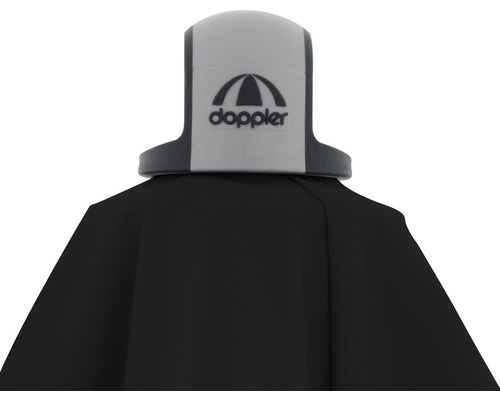 Detail van een zwarte Doppler paraplu met het Doppler logo