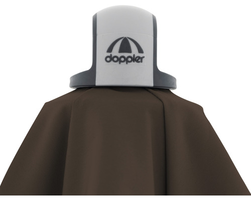 Gedetailleerde weergave van een bruine Doppler parasol met het Doppler logo