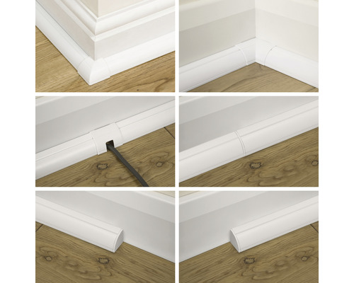 Zes weergaven van witte kabelgoten op een wand met houten vloer