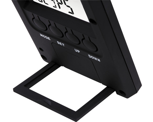 Achteraanzicht van een digitaal weerstation met uitklapbare standaard