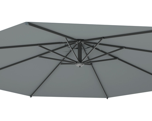 Onderaanzicht van een grijze tu parasol met stalen frame