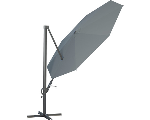 Grijze zweefparasol met voet voor de tuin