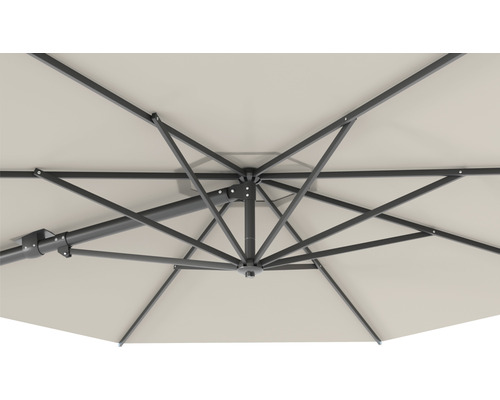 Onderaanzicht van een parasol met metalen frame
