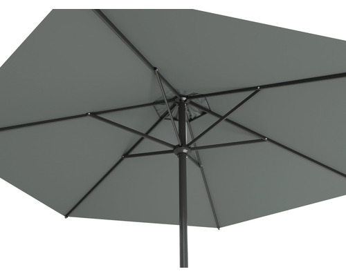 Onderaanzicht van een vierkante parasol met metalen frame