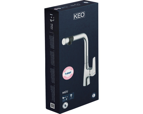 Verpakking van een Keo Mizu keukenkraan met BWT Premium keurmerk