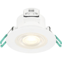 Ronde LED-inbouwspot in wit met bevestigingsklemmen voor plafondmontage.