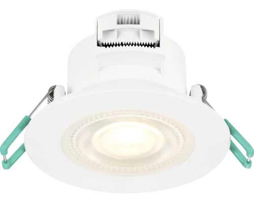 Ronde LED-inbouwspot in wit met bevestigingsklemmen voor plafondmontage.