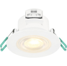 LED inbouwspot voor plafondmontage met warm wit licht en zijdelingse veerklemmen voor installatie.