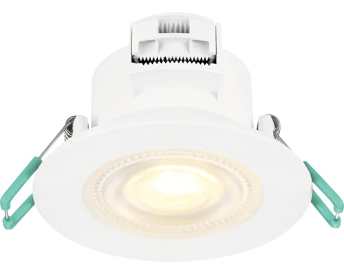 LED inbouwspot voor plafondmontage met warm wit licht en zijdelingse veerklemmen voor installatie.