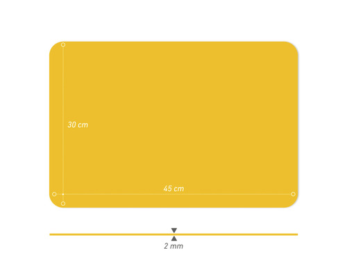 Rechthoekige plaat met afmetingen van 45 bij 30 centimeter en een dikte van 2 millimeter.