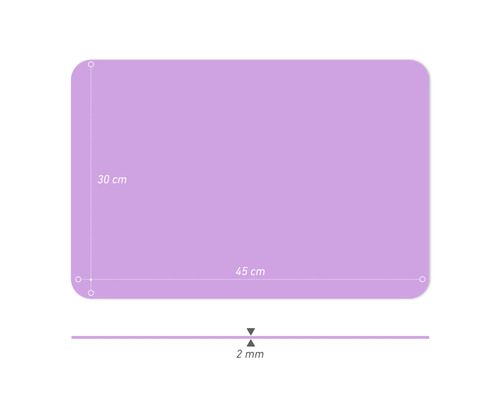 Rechthoekige plaat met afmetingen van 45 bij 30 centimeter en een dikte van 2 millimeter.