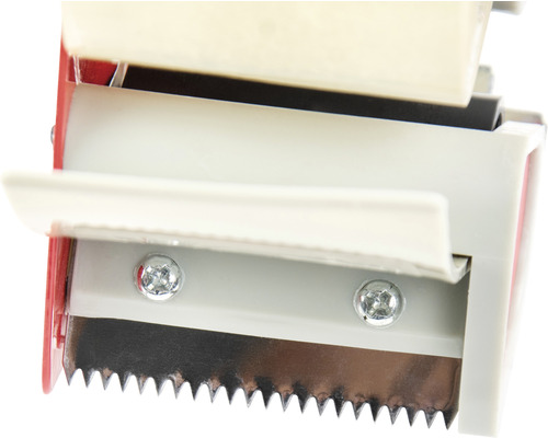 Detail van een plakbanddispenser met een gekarteld mes