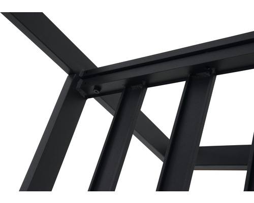 Detailaanzicht van een zwart metalen frame met schroeven