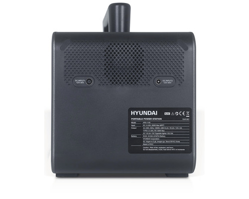 Achterkant van een draagbaar Hyundai-energiestation met technische details.