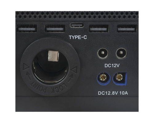 Aansluitingen van een apparaat: USB Type C, 12 volt DC en 12,8 volt DC 10 ampère