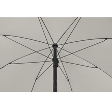 Onder aanzicht van een open parasol met stutten en mast