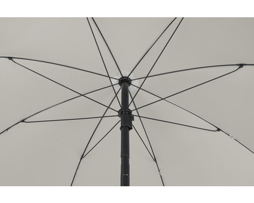 Onder aanzicht van een open parasol met stutten en mast
