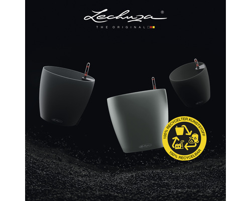 Drie Lechuza bloempotten en het logo voor gerecycled plastic.