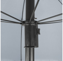 Detailopname van een parasol met zwarte mast en baleinen