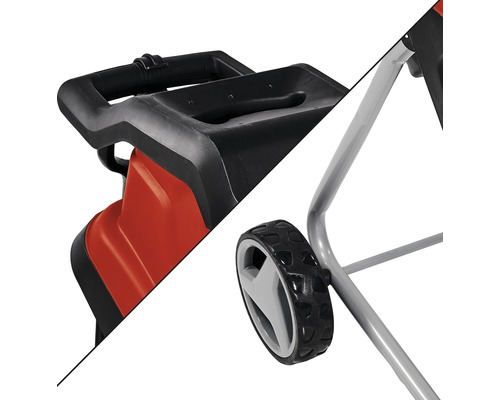 Gedetailleerde weergave van een tuinhakselaar met handvat en wiel