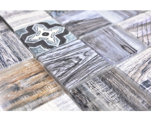 Mozaïektegel met houtlook en bloemmotief