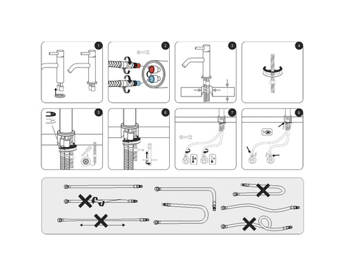 Montage-instructies voor een kraan in acht stappen met voorbeelden van verkeerd geplaatste slangen