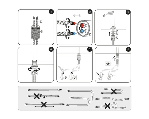 Montagehandleiding voor een kraan met zes stappen en aanwijzingen voor correcte en incorrecte slangaansluitingen.
