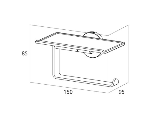 Technische tekening van een toiletpapierhouder met plank en de afmetingen 85, 150 en 95 millimeter.
