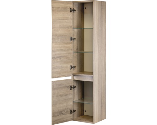 Open hoge kast met glazen legplanken