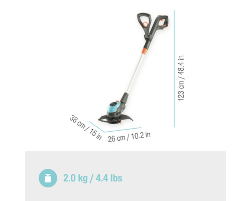 Grasmaaier met afmetingen van 38 centimeter maal 26 centimeter, een lengte van 123 centimeter en een gewicht van 2,0 kilogram.