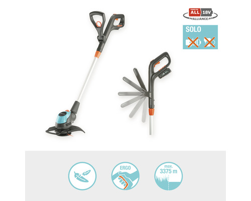 Gardena accubosmaaier met SOLO-symbool, dat geen accu bevat, en symbolen voor eenvoudige bediening