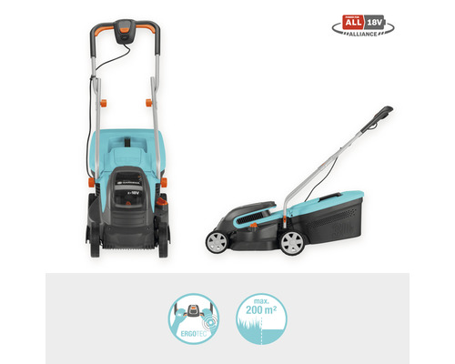 Gardena accu grasmaaier met opvangbak in twee aanzichten