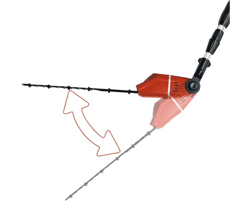 Een heggenschaar met verstelbare snijkop wordt weergegeven.