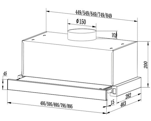 Technische tekening van een afzuigkap met maatvoering