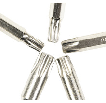Meerdere metalen Torx-bits liggen in een cirkelvormige opstelling
