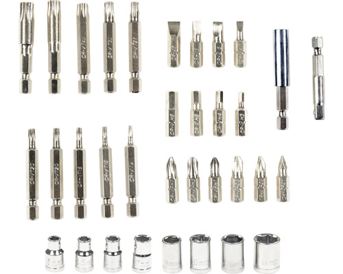 Diverse schroefbits en dopsleutel-inzetstukken van staal
