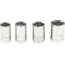 Vier metalen dopsleutels in de maten 8 mm, 9 mm, 10 mm en 11 mm