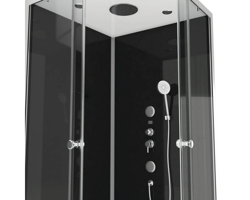 Douchecabine met douchekop, kranen en glazen schuifdeuren