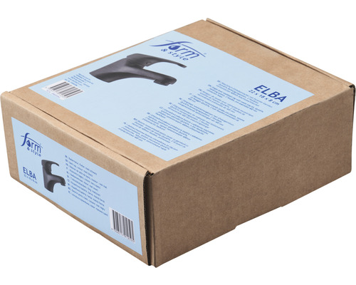 Verpakking van een zwarte ELBA kraan van Form en Stijl, 22 bij 18 bij 8 centimeter
