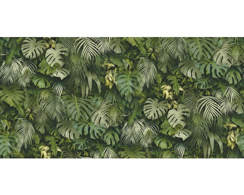 Wand met tropische bladeren, waaronder Monstera en palmen, voor een natuurlijke en levendige sfeer