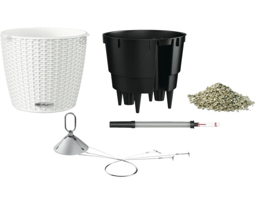 Diverse tuinartikelen: plantenbak, planteninzetstuk, hydrokorrels, mest en irrigatiesysteem