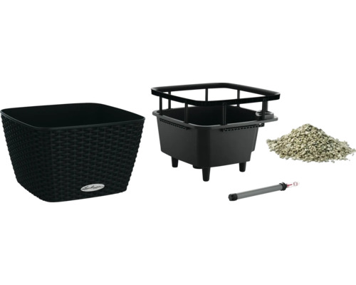 Zwarte plantenbak met irrigatiesysteem, substraat en waterniveau-indicator