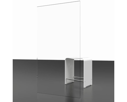 Vrijstaande transparante acrylglasbescherming naast witte kruk